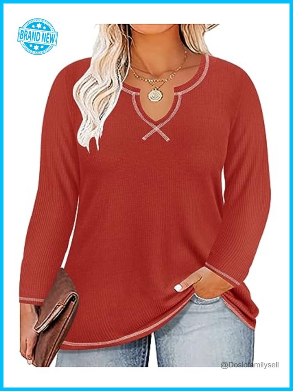 Plus Size Long Sleeve Waffle Knit Tunic Top V-Neck Flowy Pullover